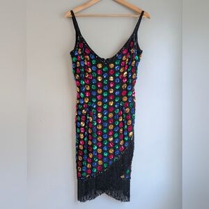 Vintage 80s Oleg Cassini Sequin Silk Dress Multicolor Polka Dot & Fringe Size 6